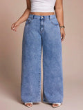 Curvy Plus Size Light Blue Washed Denim Wide Leg Pants, All Over Crystal Rhinestone Y2K High Waist Loose Jeans for Women