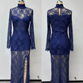 Maxi Floral Dress Women Bodycon Solid Lace Maxi Dress High Mock Neck Long Sleeve Ruched Side High Slit Hem Sheer Floral Dress Evening Prom Dresses