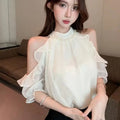 New Summer Off Shoulder Sweet Elegant Chiffon Blouse Fashion Women Round Neck Solid Short Flare Sleeve Shirt Casual Loose Top