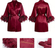 Women Kimono Bride Bridesmaid Robe Loungewear Wedding Bathrobe Gown Feather Women Embroidery Letter Sleepwear Short Satin Nightgown