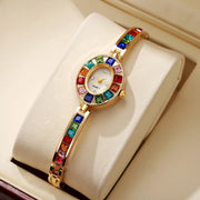 Women Gold Oval Dial Rainbow Multicolor Crystal Bracelet Quartz Watch