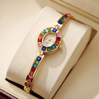 Women Gold Oval Dial Rainbow Multicolor Crystal Bracelet Quartz Watch