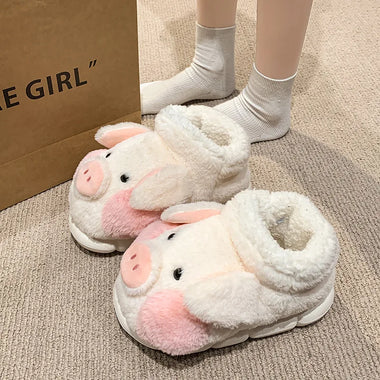 ZUOFU Unisex Cute Pig High Top Plush Slippers Autumn Winter Fluffy Faux Fur Non-Slip Warm Indoor Ankle Cotton Shoes