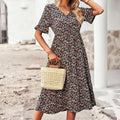 plus Size Floral Print V-Neck Ruffled Short Sleeve Dress Elegant Comfortable Skirt for Vacation Wear