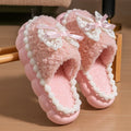 Lovely Girls Lace Bowtie Pink Fur Slippers Winter 2026 Thick-Soled Household Slippers for Women Non Slip Soft Plush Home Shoes