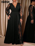 Dress Plus Size Elegant GIBSIE Plus Size Elegant V-Neck Sheer Mesh Sleeve Evening Long Dress Women Autumn Elastic Waist Tie Backless Party Dresses 2026