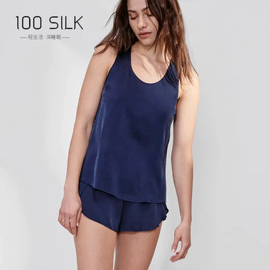 100 silk pajamas women's  Short Pajamas Silk Set Sleepwear Suit Ins style sleeveless vest round neck suit 19 mm