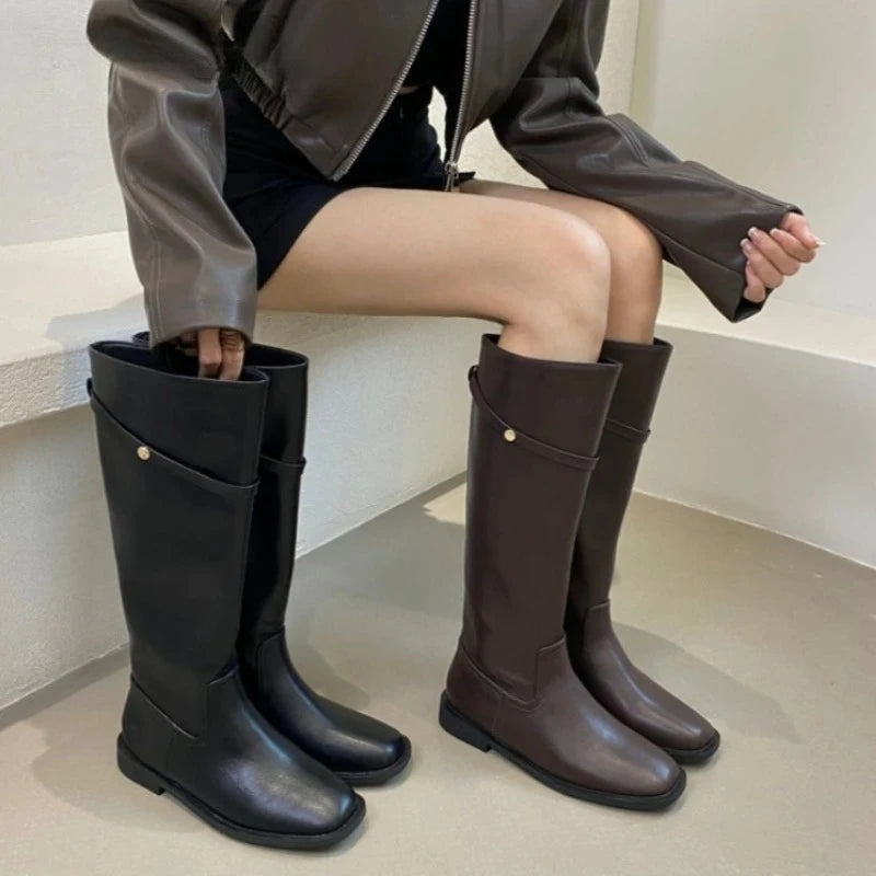 Vintage Cosy Soft Leather Women Knight High Boots Fashion Party Stripper Low Heel Shoes Ladies Slim Mordern Long Booties
