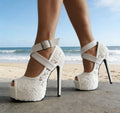 Women's High Heels Stiletto Women's White Lace Platform Stiletto Sandals – Peep Toe Rhinestone Ankle Strap High Heels for Wedding Bridal Party Prom