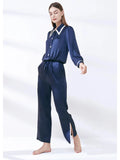 19MM 100% Mulberry Silk Pointed Collar Long-sleeved Trousers Two-piece Pajamas Set Button Down Cardigan Nightwear Pajama Outwear