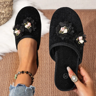 Women's Floral Closed Toe Mule Slippers,Black Velvet Flat Backless Slides,Soft Non Slip Sole Indoor Outdoor Ladies Slip On Shoes
