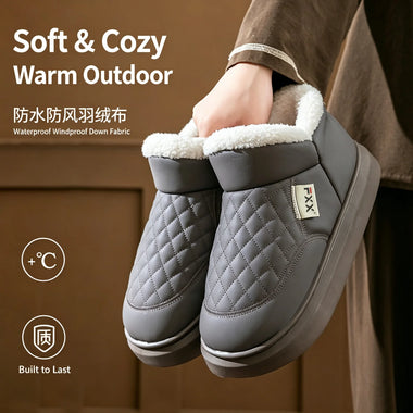 New Waterproof Windproof Down Fabric Slippers Women Men Winter Warm Outdoor Wear Thick Sole House Shoes Non-Slip Couple Clogs