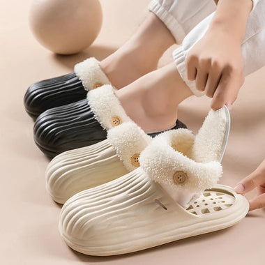 Women's Furry Fur Slippers Winter Removable Fleece Lining Non Slip Waterproof Slippers Couple Plus Size 45 Soft Sole Warm Shoes