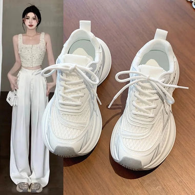 Women White Mesh Platform Sneakers Breathable Lace Up Thick Sole Running Shoes Ladies Lightweight Casual Sports Trainers