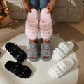 Pink Bowknot Embroidery Fluffy Fur Shoes Women Autumn Lightweight Indoor House Cotton Slippers Woman Flat Plush Floor Slippers