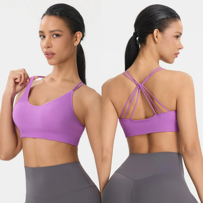 Women Summer Seamless Cross Sports Bra Gym Yoga Tops with Padded Sexy Backless Workout Fitness Camisole Running Sports Tops