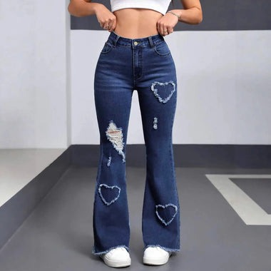 Women Fashion Ripped Hole Denim Jeans Ladies Slim Heart-shaped  Patched Flare Pants