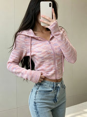 Women's Zip Up Hooded Jacket Long Sleeve Cropped Slim Fit Knit Casual Hoodie Top for Daily Street Wear