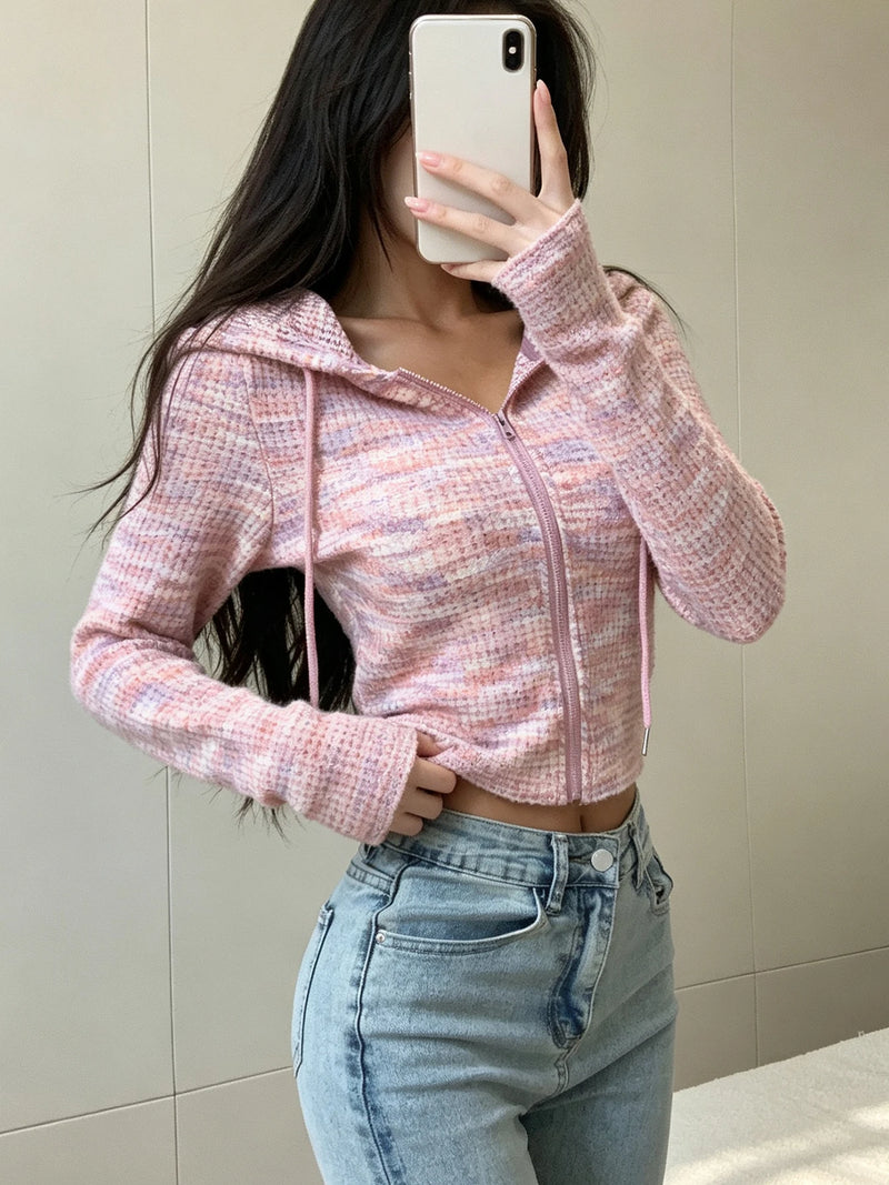 Women's Zip Up Hooded Jacket Long Sleeve Cropped Slim Fit Knit Casual Hoodie Top for Daily Street Wear