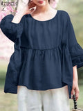 ZANZEA Elegant Lace Stitching Blouse 2024 Summer Chic Lantern 3/4 Sleeve Pleated Shirt Women Chemise Casual Loose Tops Oversiezd