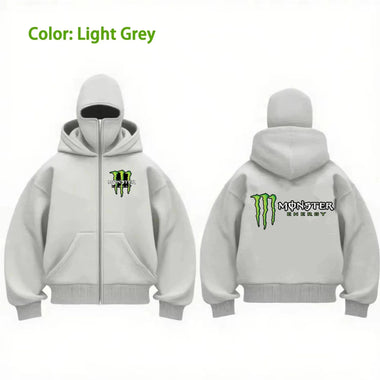 2026Men Monster Energy Print Balaclava Hoodie, Full Zip Face Cover Hooded Jacket, Streetwear Motorcycle Biker Zip Up Sweatshirt