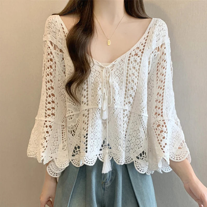 Flared Sleeve Crochet Top Hollow-out Openwork Pullover Women Guipure Lace Blouse Spring Summer French Chic Festival Boho