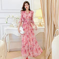 Korean Femme Sweet V-neck Dress Summer Lady Seven Divide Sleeve Long Dresses Women Fashion High Waisted Chiffon A-line Maxi Dres