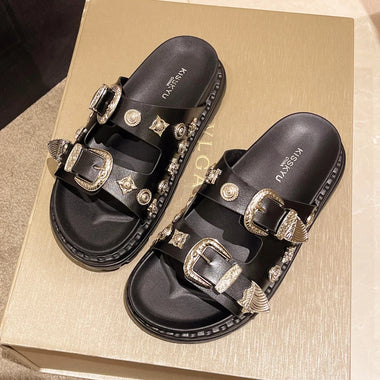 Summer Women Slippers Punk Rivets Platform Leather Mules Creative Metal Fittings Slippers Female Casual Sandals Shoe Slides 42