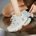 Women Chunky Sneakers Beige Women Chunky Sneakers Breathable Mesh And Leather Upper Lace Up Design Round Toe Non Slip Thick Sole Casual Sports Shoes