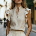 Women Stand Collar V Neck Ruffle Sleeveless Blouse Solid Color Office Shirt Tops
