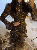 2026 Summer Autumn Chic Floral Women's Cake Dress Bell-Bottomed Sleeve Stand Collar Waist-Closed Lady Dresses New