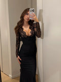 Maxi Floral Dress Deep V Lace Long Sleeve Mermaid Maxi Dress Women Sheer Floral Lace Top Ruched Waist Formal Evening Elegant Photo Ready Gowns