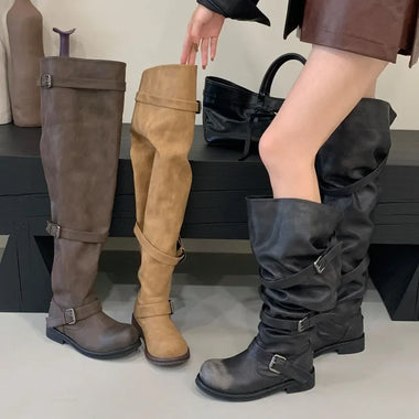 Winter Pleated Round Toe Women Over The Knee Boots Punk Designer Buckle Strap Square Low Heels Shoes Botas Mujer