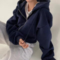 Women Fall Winter New Fleece Lined Hoodie Solid Color Zip Up Slim Short Warm Fashion Versatile Sweatshirt