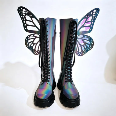 Women Boots Knee Boots Holographic Butterfly Wing Decor Knee High Boots Women Round Toe Lace Up Side Zipper Thick Sole Cosplay Large Size Long Boots