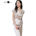 100% Natural Mulberry Silk Lapel Short Sleeved Solid Color Lace Up Can Be Worn Outside Short Sleeved Home Clothes Two-piece Set
