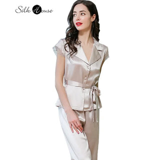 100% Natural Mulberry Silk Lapel Short Sleeved Solid Color Lace Up Can Be Worn Outside Short Sleeved Home Clothes Two-piece Set