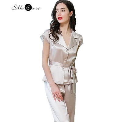 100% Natural Mulberry Silk Lapel Short Sleeved Solid Color Lace Up Can Be Worn Outside Short Sleeved Home Clothes Two-piece Set