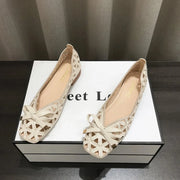 New Women Hollow Out Bow Decor Square Toe Low Heel Flats Breathable Slip On Casual Shoes For Daily Work Vacation