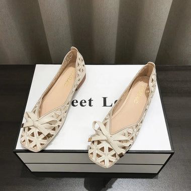 New Women Hollow Out Bow Decor Square Toe Low Heel Flats Breathable Slip On Casual Shoes For Daily Work Vacation