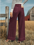 Autumn new women's wine red high waist wide leg jeans stretch fabric button placket jeans soft and comfortable slim washed jeans