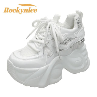 10CM New Women Bling Chunky Sneakers Summer Casual Vulcanized Shoes 2025 High Platform Breathable Mesh Sneakers Female Dad Shoes