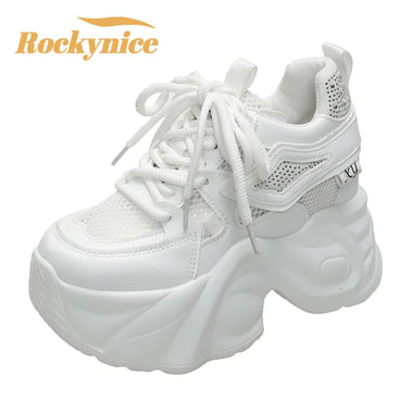 10CM New Women Bling Chunky Sneakers Summer Casual Vulcanized Shoes 2025 High Platform Breathable Mesh Sneakers Female Dad Shoes