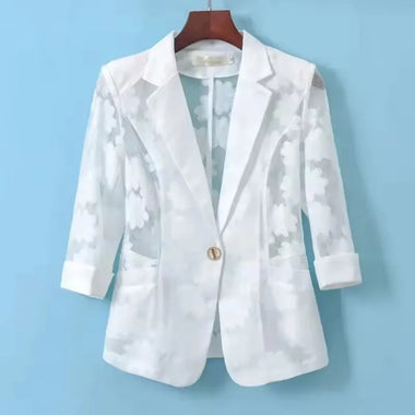 Chic Women Blazer Jacket Spring Summer New Thin Cardigan Sun Protection Clothing Hollow Lace Three-quarter Sleeve Suit Top Ladie