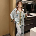 Women's 2 Piece Pajamas Set Floral Pijama Faux Silk Satin Pyjama Female Sleepwear Long Sleeve V-Neck Shirt Pants Suits Homewear