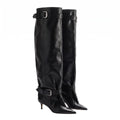 Women Pointed Toe Knee High Boots Double Buckle Strap Stiletto Heel Leather Slouch Thigh High Boots Fashion Party Boots