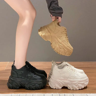Autumn Breathable Thick Bottom Casual Shoes New 2023 Women's Chunky Leather Sneakers 8CM High Platform Sports Dad Shoes Spring