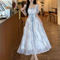 Romantic Floral Long Dresses Spring Summer Square Neck Elegant Vintage Woman Dress Korean Fashion Sweet A-line Vestidos Mujer
