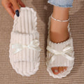 Women Bow Decor Corduroy Open Toe Slippers Soft Flat Non Slip Indoor Bedroom Home House Shoes