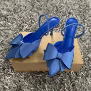 Women Blue Bow High Heels Sexy Pointed Slim Heel Slingback Sandals Pumps 2025 Summer Elegant Party Woman Heeled Shoes